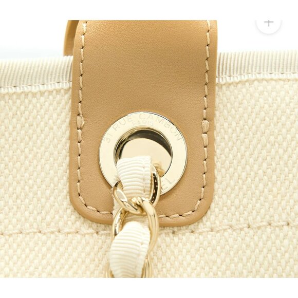 Chanel Beige Canvas & Leather Chain Tote Bag With Dual Handles & Logo Embroidery - Picture 3 of 16